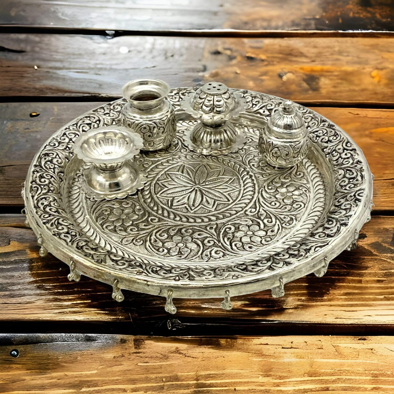 Indian German Silver Pooja Thali Set, Diya Aarti Plate, Haldi Kumkum Thali, Diwali Gift, Silver Puja Items, Hindu Mandir, Navrathri , Shivrathri